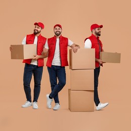 Delivery service. Happy courier with cardboard boxes on peach color background, collage of photos