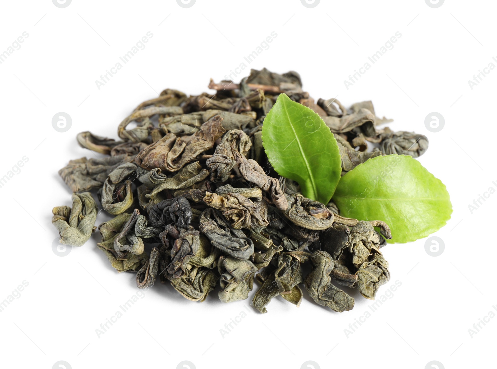 Photo of Dry and fresh tea leaves isolated on white