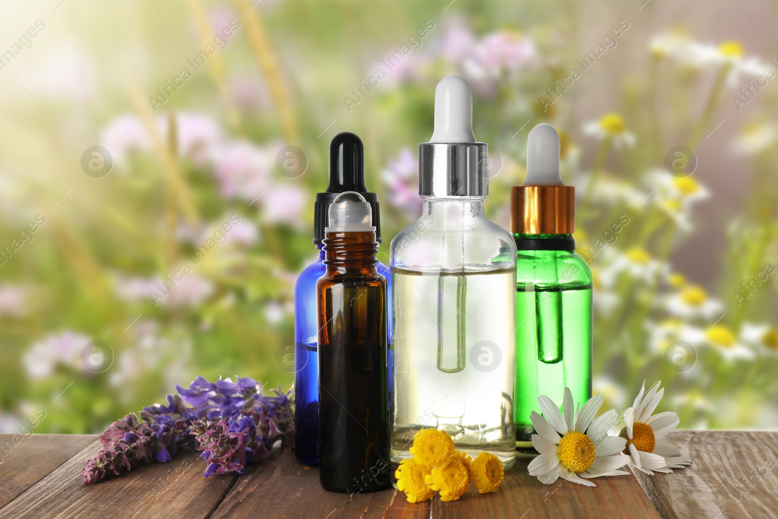 Image of Bottles of essential oils and wildflowers on wooden table against blurred background