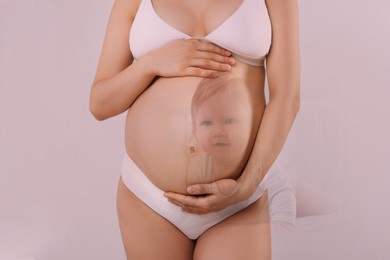 Image of Double exposure of pregnant woman and cute baby on pink background