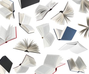 Image of Many hardcover books falling on white background