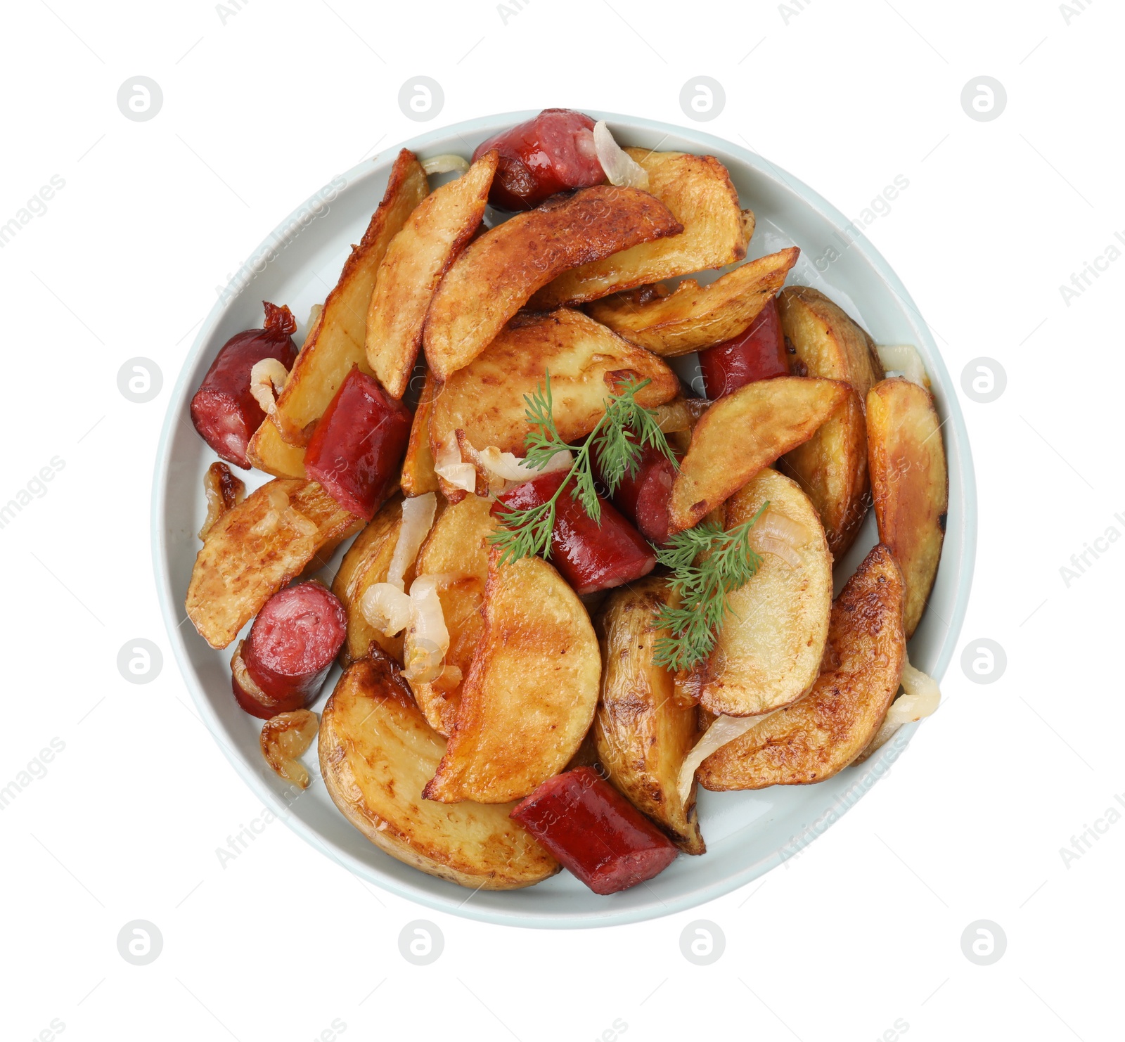 Photo of Delicious baked potato with thin dry smoked sausages, onion and dill isolated on white, top view