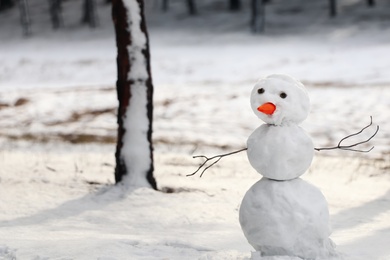 Photo of Funny snowman in winter forest. Space for text