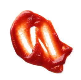 Photo of Smear of tasty ketchup isolated on white, top view