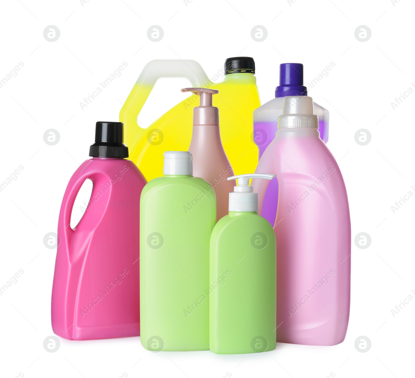 Photo of Many different cleaning supplies on white background