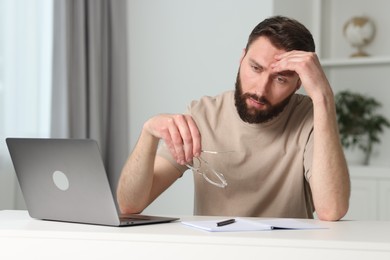 Photo of Overwhelmed man sitting with laptop at table indoors