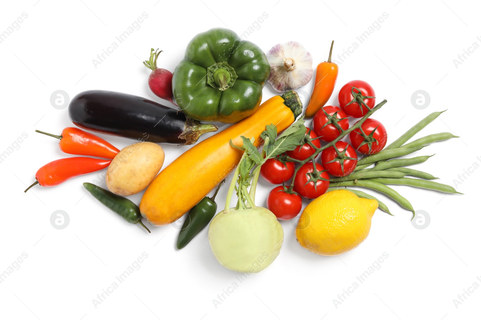 Photo of Many different fresh vegetables on white background, top view