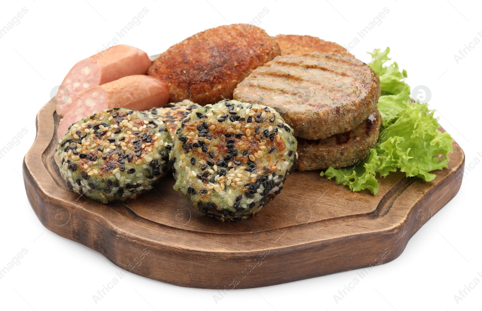 Photo of Serving board with different delicious vegan meat products and lettuce isolated on white