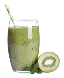 Photo of Delicious kiwi smoothie and fresh fruit on white background