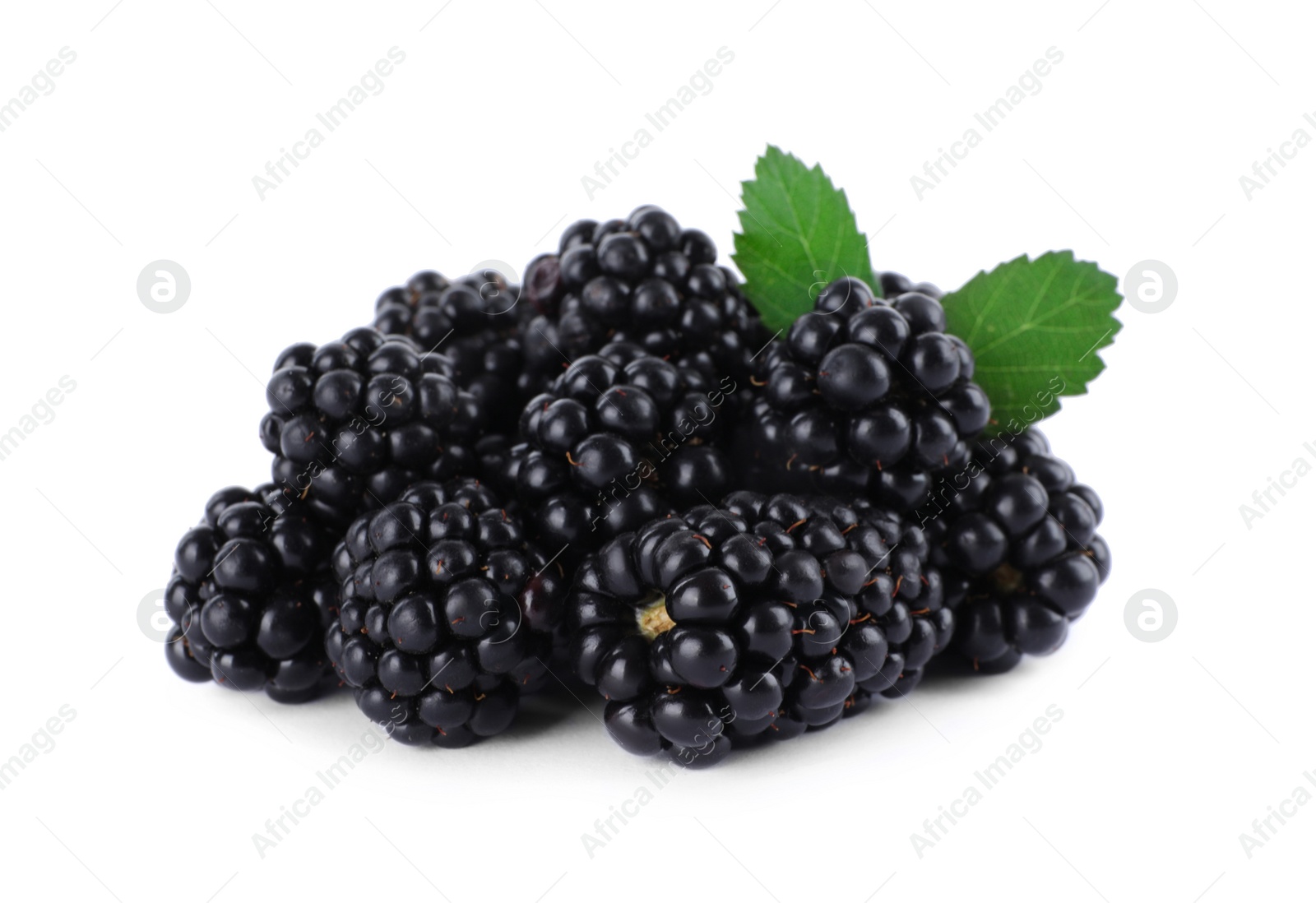 Photo of Tasty ripe blackberries and leaves on white background