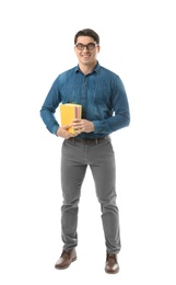 Male teacher with notebooks on white background