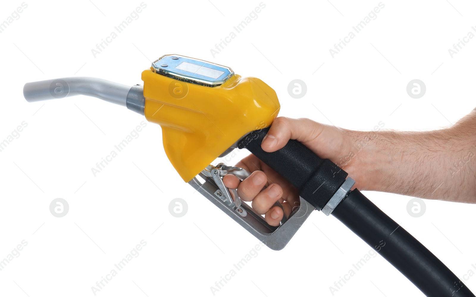 Photo of Gas station worker with fuel nozzle on white background, closeup