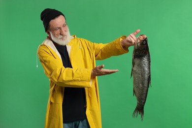 Fisherman with caught fish on green background