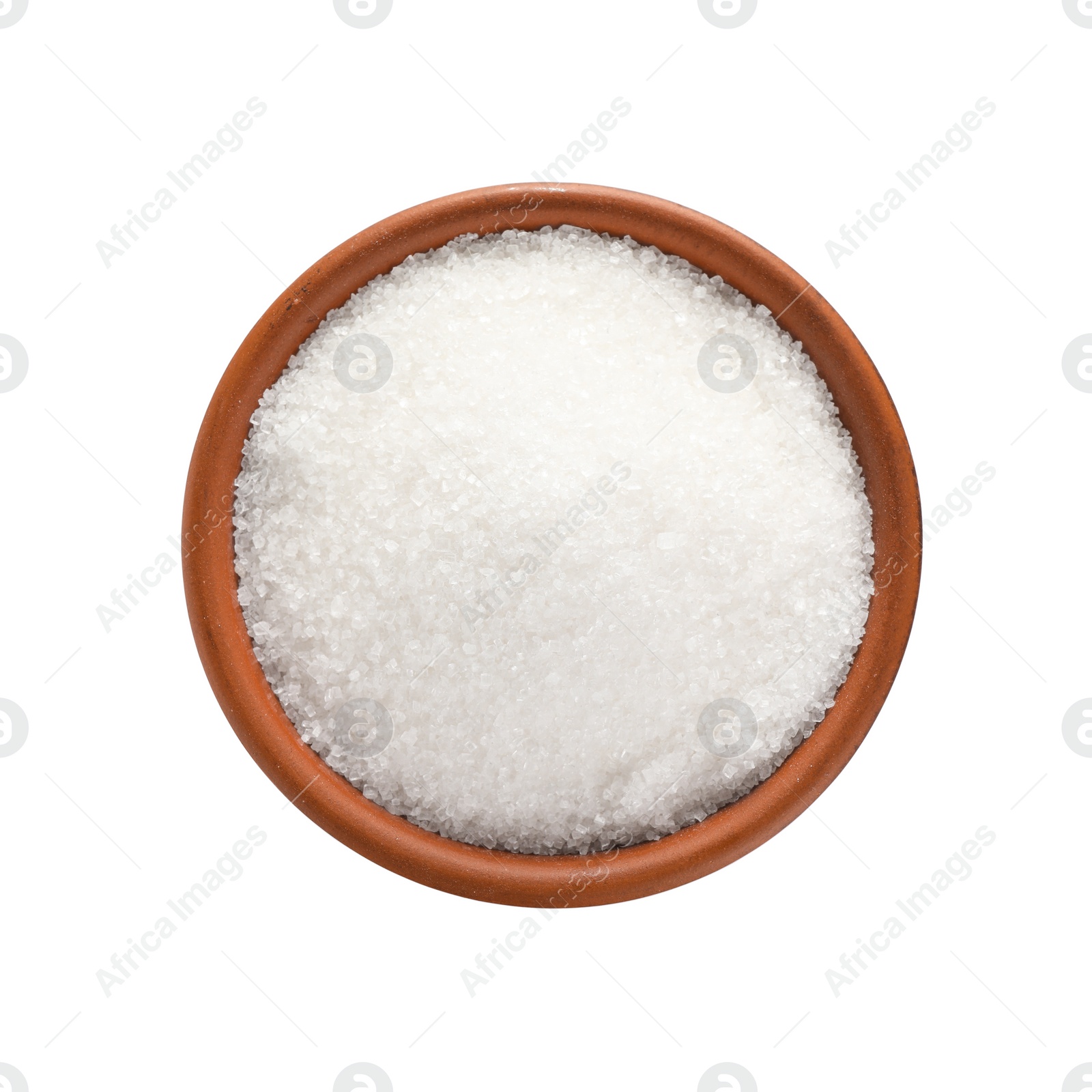 Photo of Granulated sugar in bowl isolated on white, top view