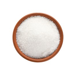 Photo of Granulated sugar in bowl isolated on white, top view