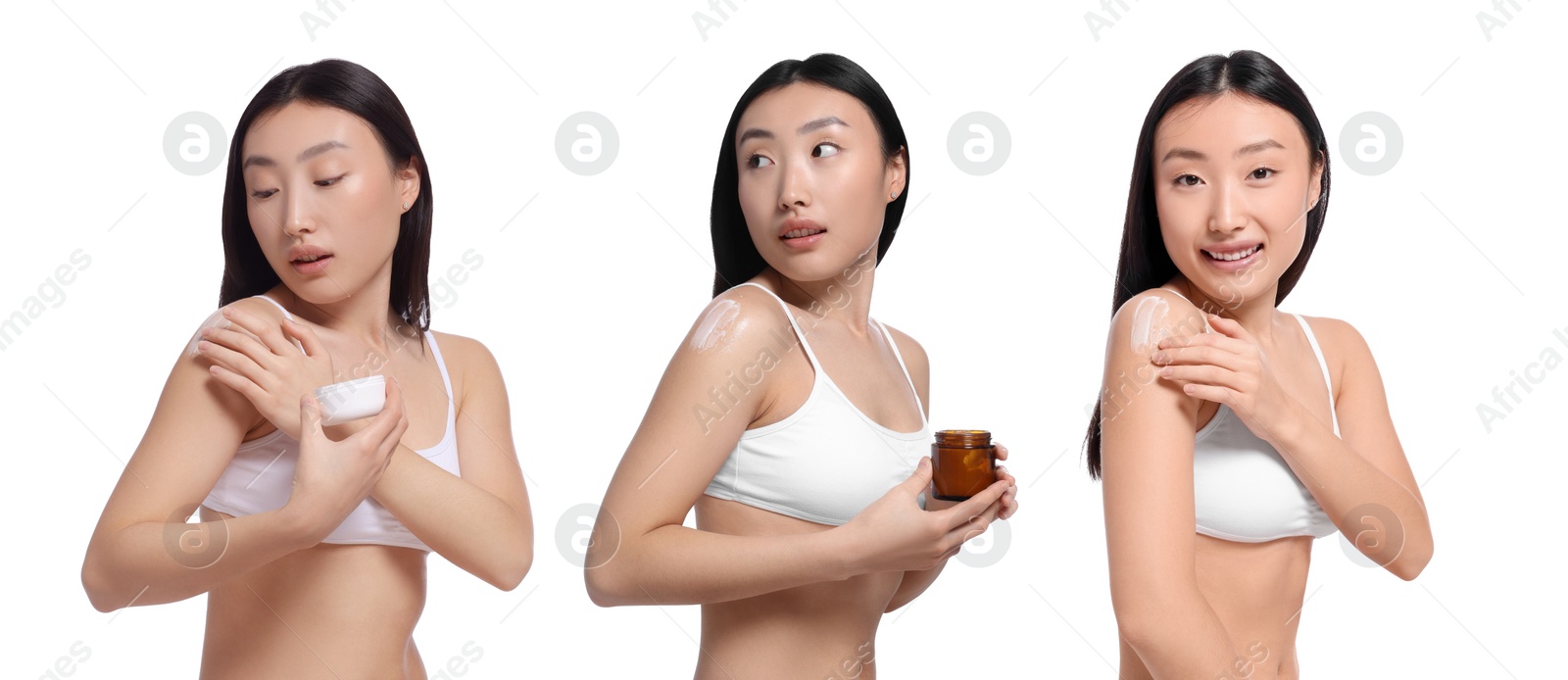 Image of Collage with photos of Asian woman applying body cream on white background