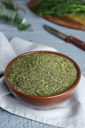 Photo of Dried dill in bowl on grey wooden table, closeup