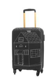 Image of Black suitcase with drawing of house on white background. Moving concept