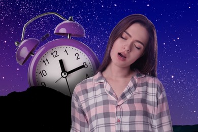 Image of Young woman wearing pajamas in sleepwalking state and beautiful starry sky at night and alarm clock on background