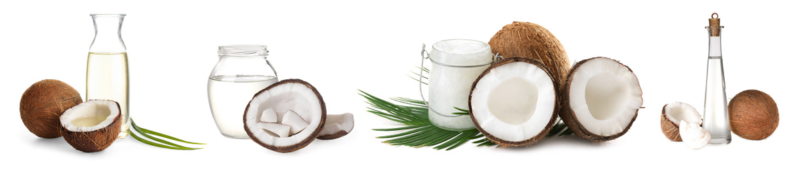 Image of Set of coconuts and organic cooking oil on white background. Banner design