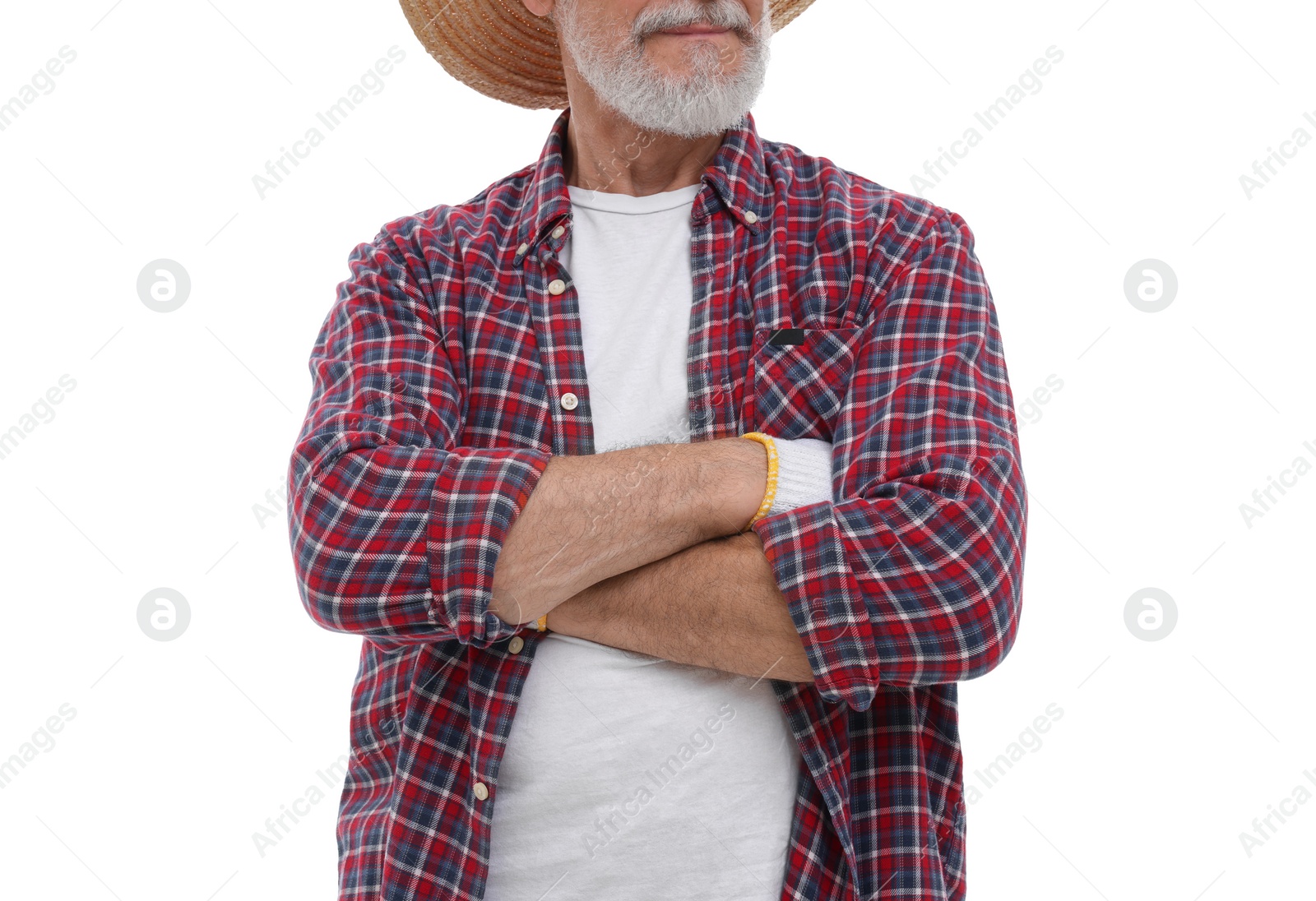 Photo of Harvesting season. Farmer with crossed arms on white background, closeup