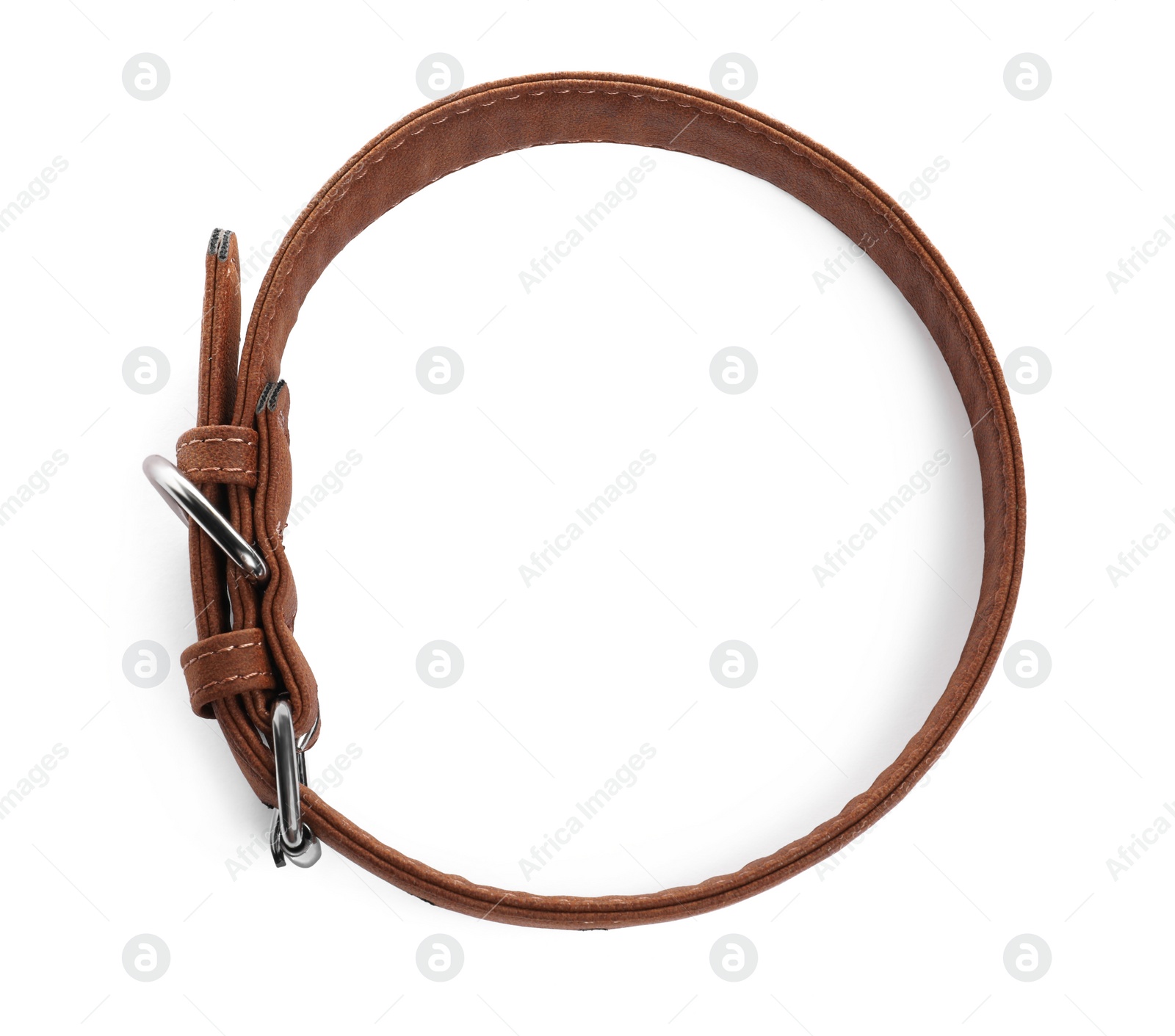 Photo of Brown leather dog collar isolated on white, top view