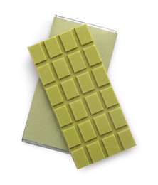 Photo of Tasty matcha chocolate bars isolated on white, top view