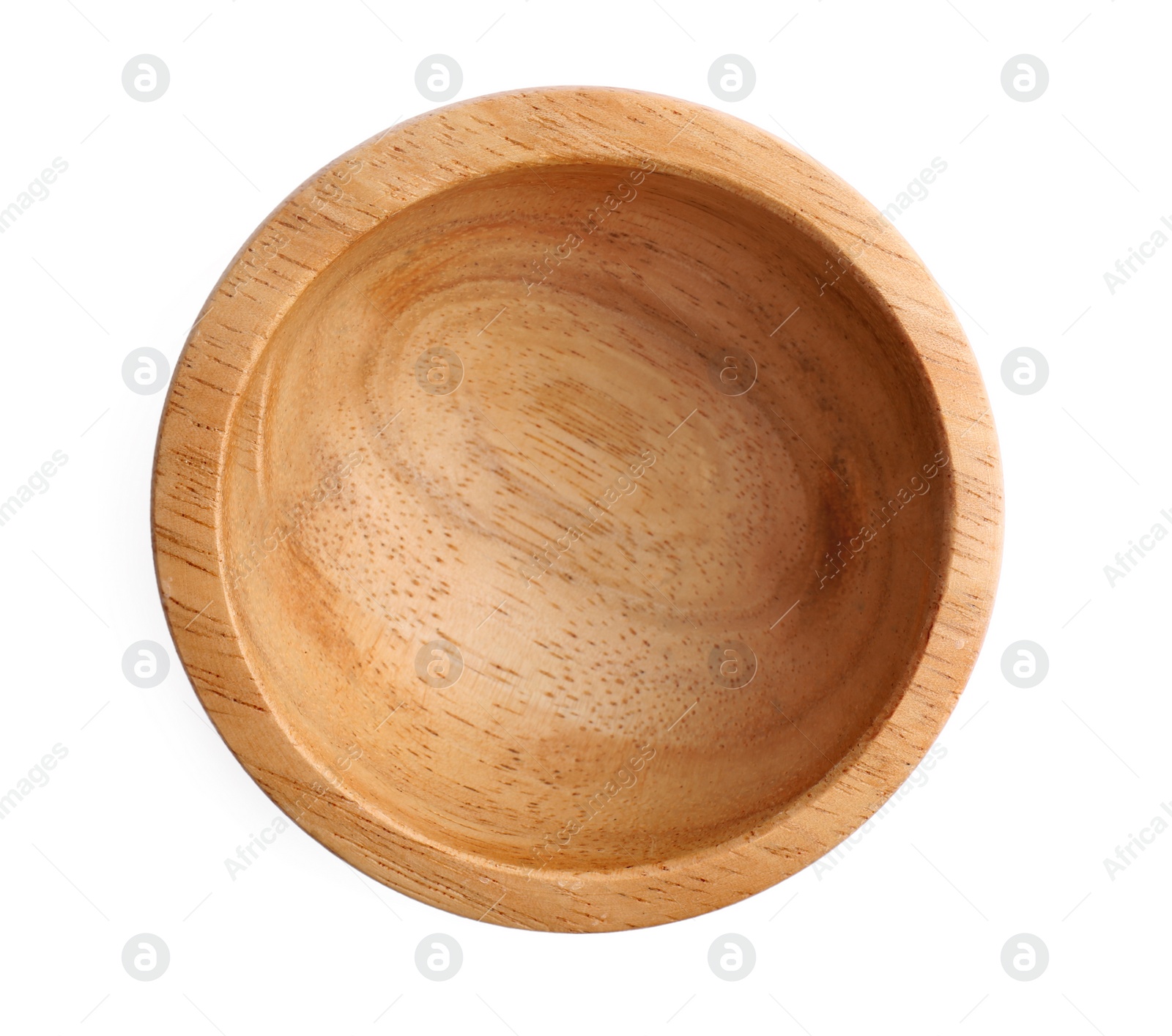 Photo of Wooden bowl on white background, top view