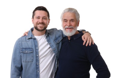 Happy son and his dad on white background