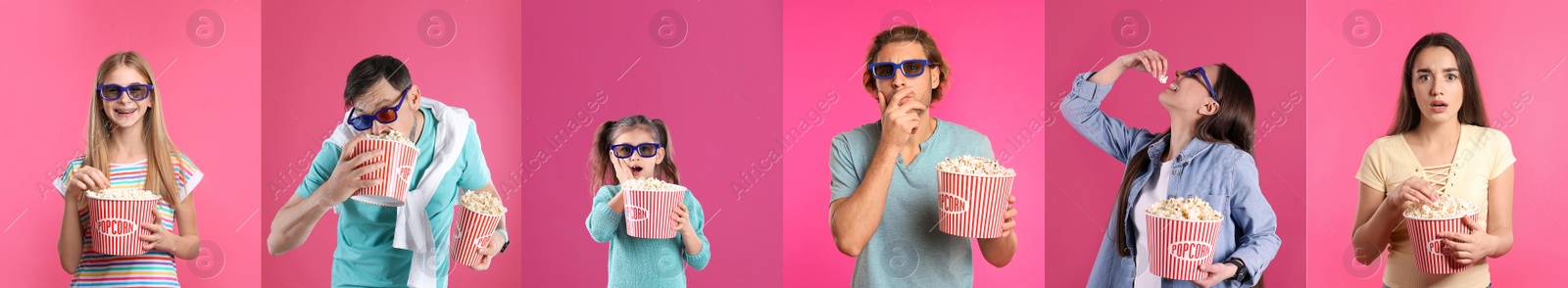 Image of Cinema visiting. Collage with photos of different people on pink background, banner design