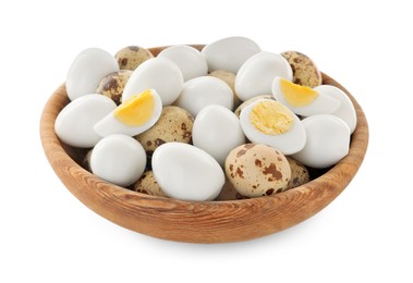 Photo of Unpeeled and peeled hard boiled quail eggs in bowl on white background