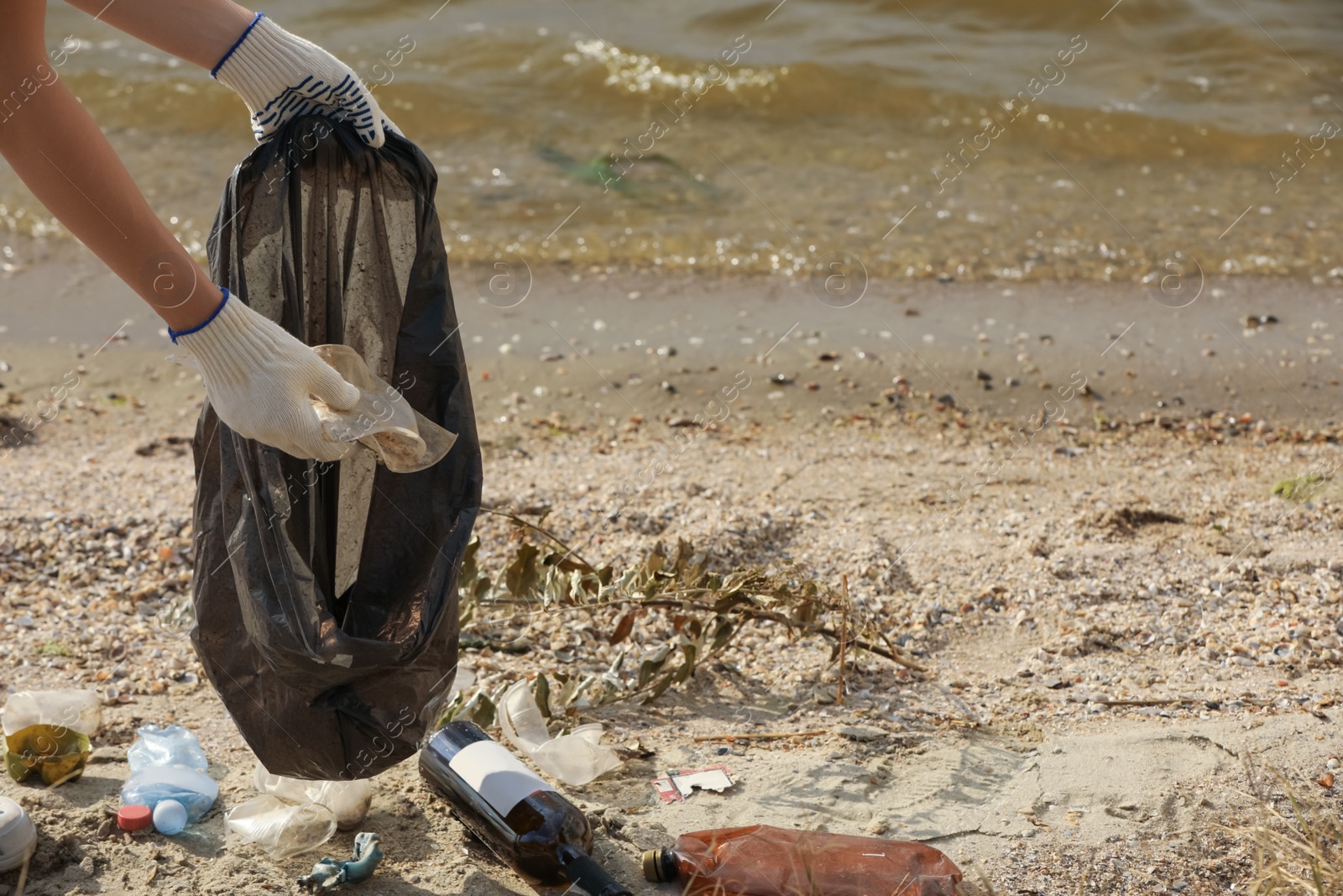 Photo of Woman in gloves with trash bag collecting garbage on beach, closeup