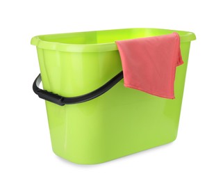Photo of Green bucket with rag for cleaning isolated on white