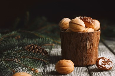 Homemade walnut shaped cookies with boiled condensed milk, fir branches and cones on wooden table, space for text