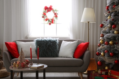 Image of Beautiful living room with Christmas decor. Festive interior