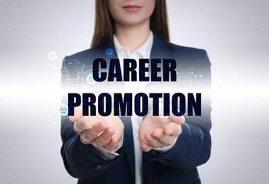 Image of Career promotion concept. Woman on light background, closeup
