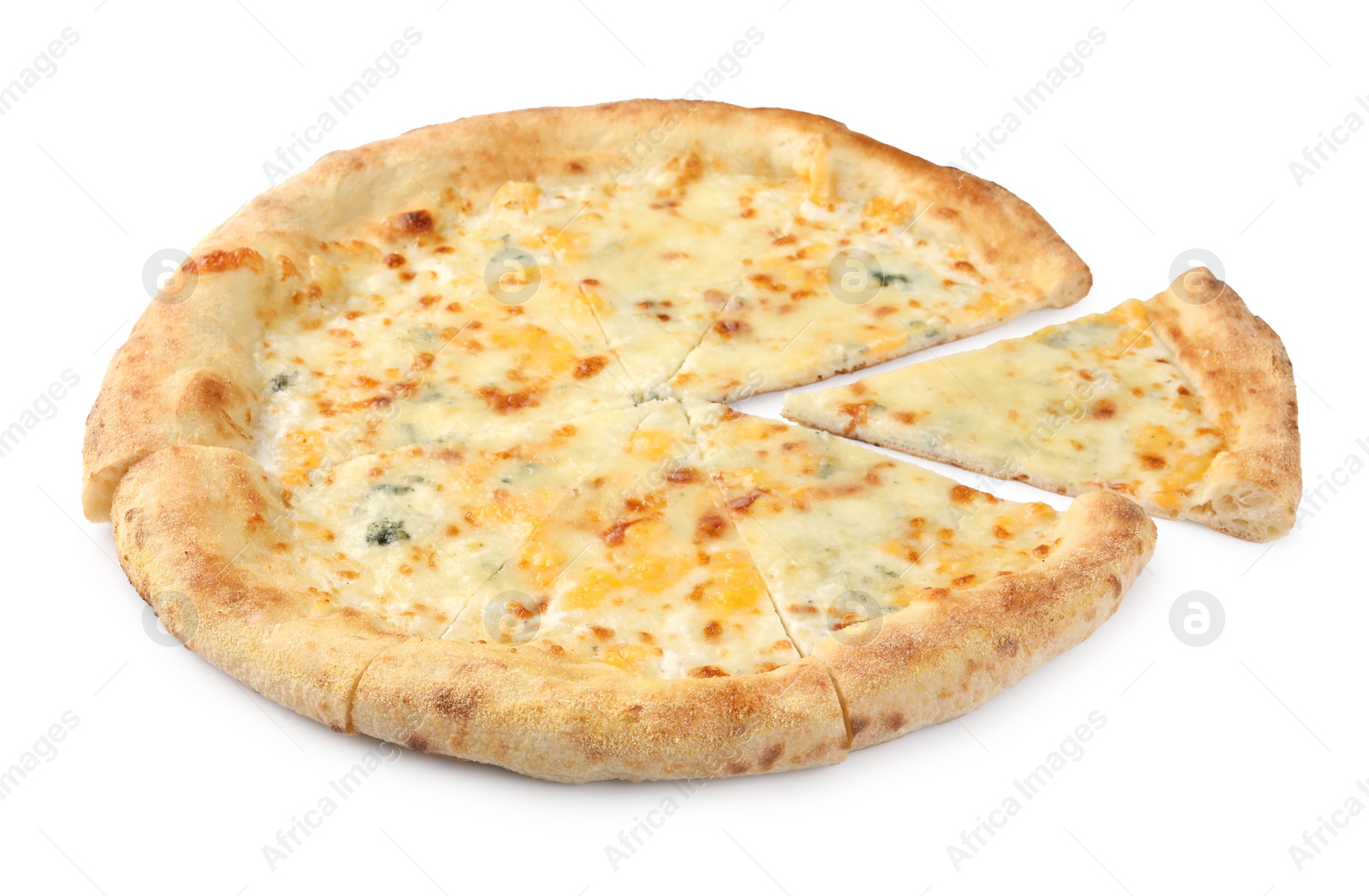 Photo of Delicious cut cheese pizza isolated on white