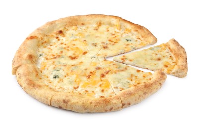 Delicious cut cheese pizza isolated on white