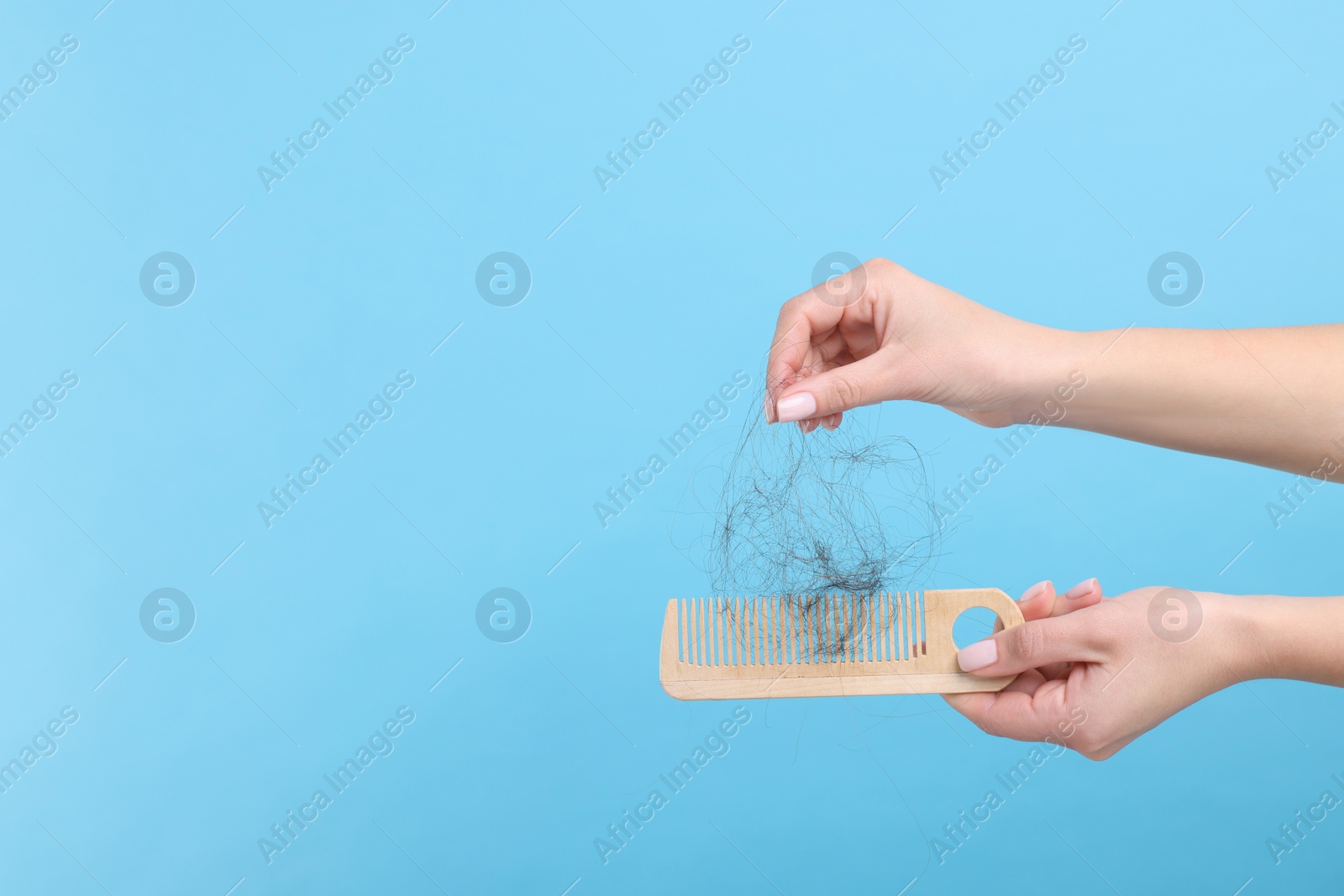 Photo of Woman untangling her lost hair from comb on light blue background, closeup and space for text. Alopecia problem