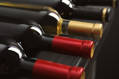 Photo of Bottles with delicious wine on shelf, closeup. Professional sommelier