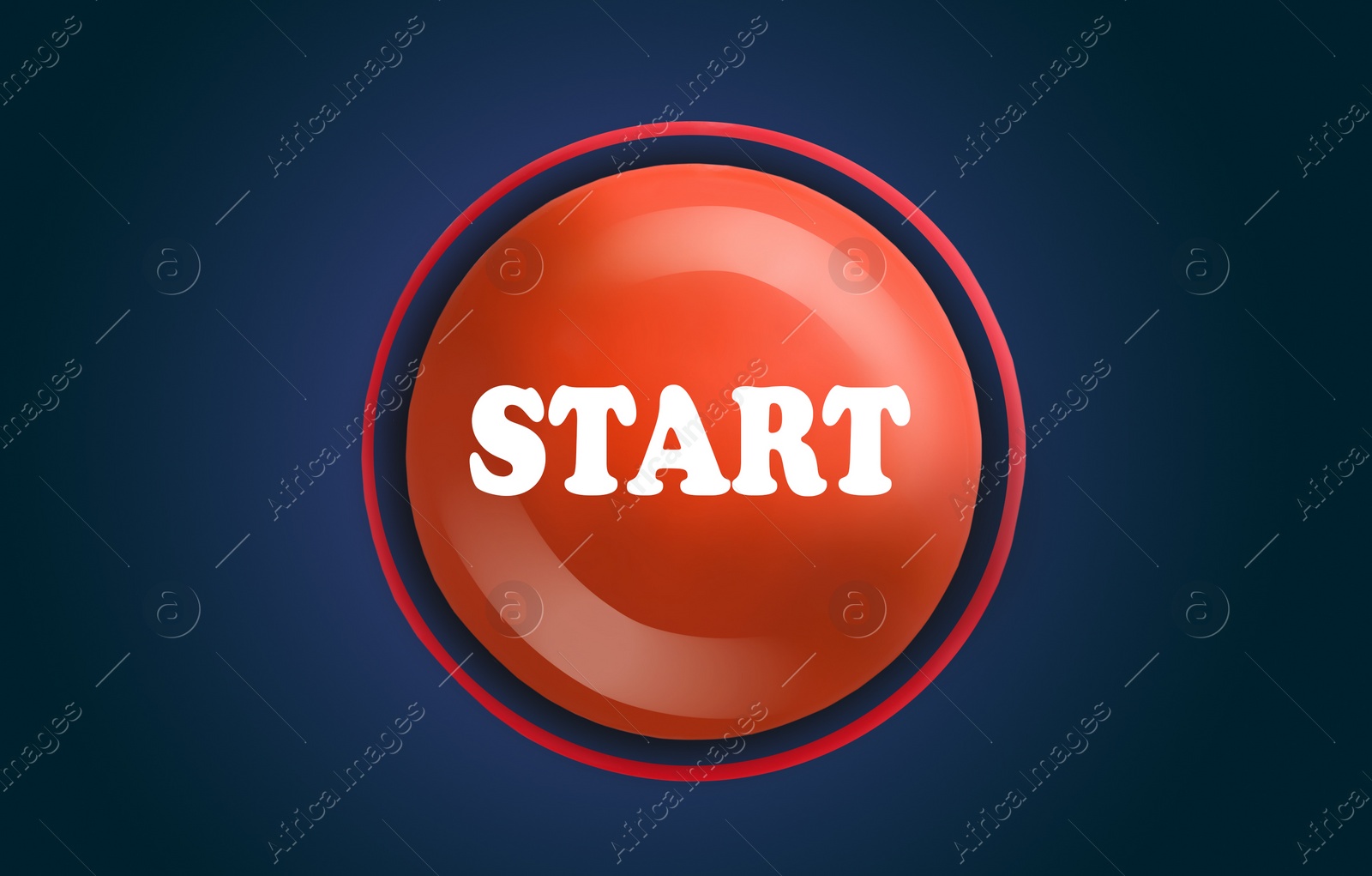 Image of Red magnet with word START on dark blue background, top view