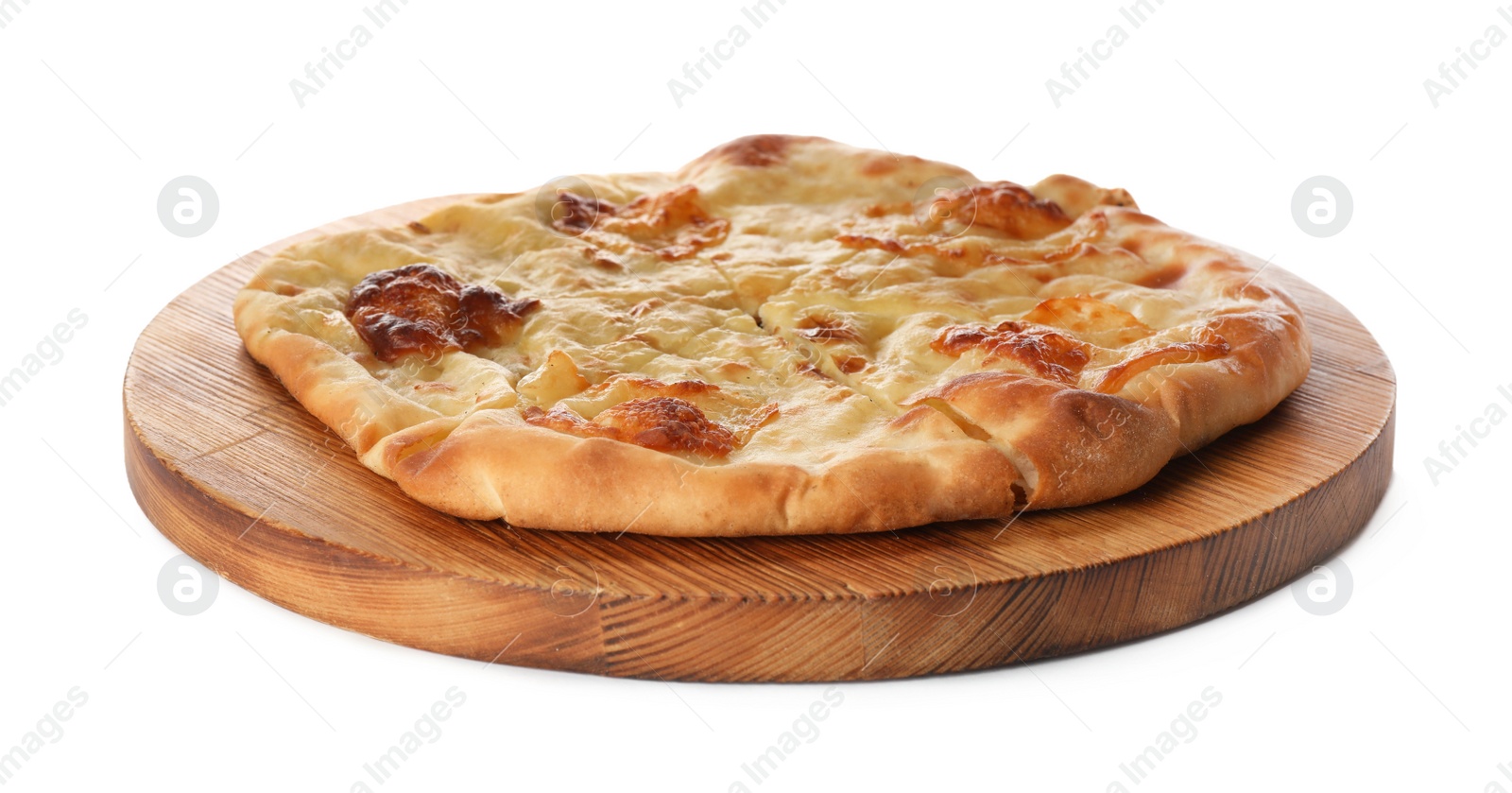 Photo of Delicious khachapuri with cheese on white background