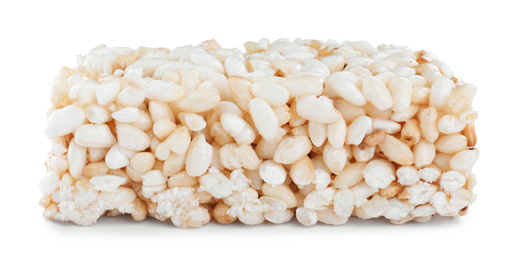 Photo of Bar of delicious rice crispy treat isolated on white