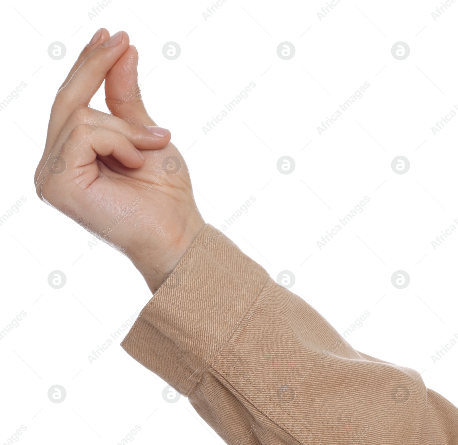 Photo of Man snapping fingers on white background, closeup of hand