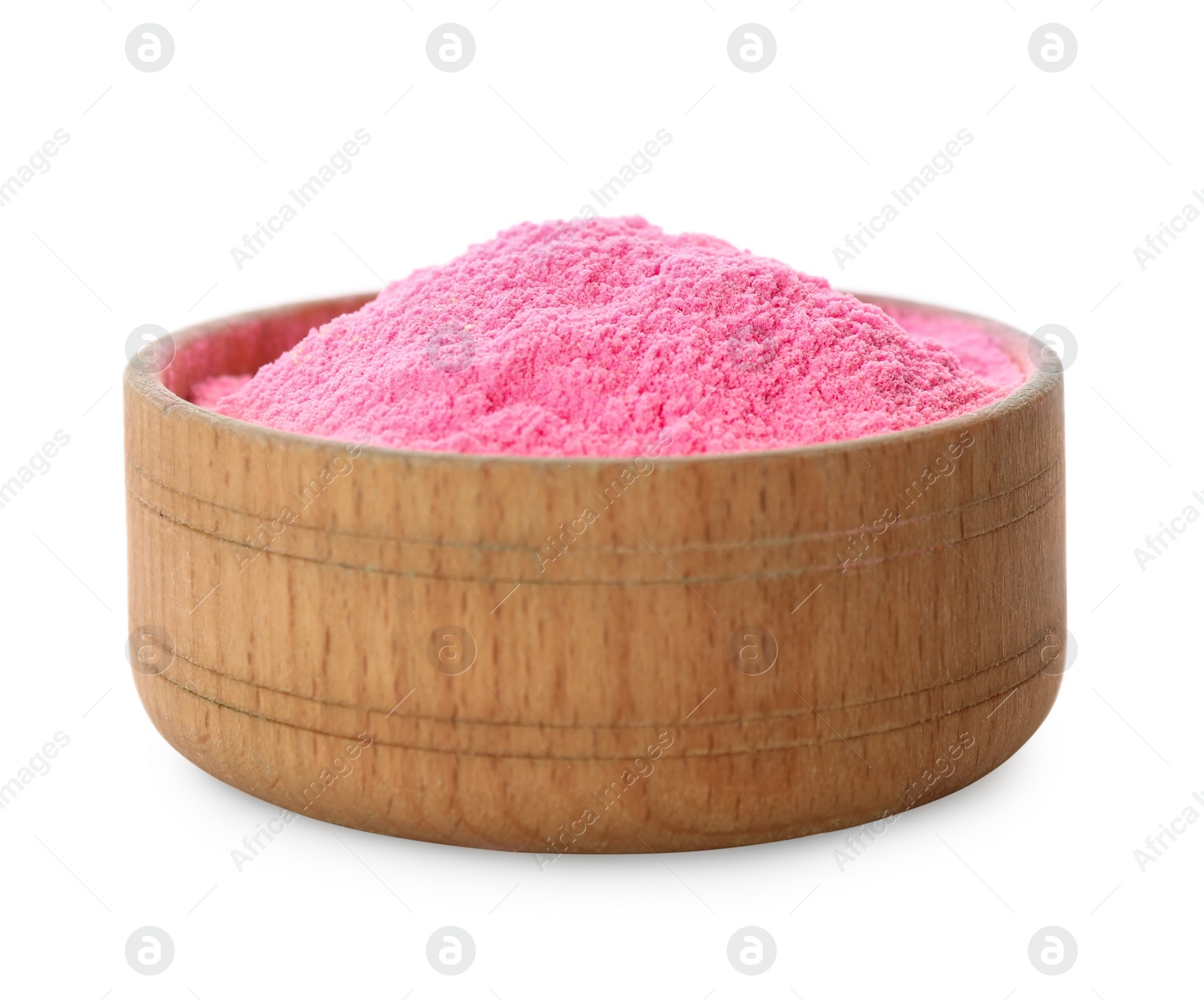 Photo of Pink powder dye in bowl on white background. Holi festival
