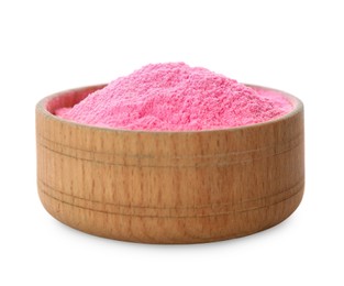 Pink powder dye in bowl on white background. Holi festival