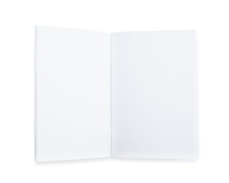 Open blank paper brochure isolated on white, top view. Mockup for design