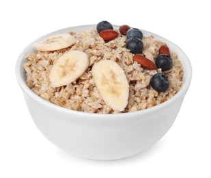 Photo of Tasty boiled oatmeal with banana, blueberries and almonds in bowl isolated on white