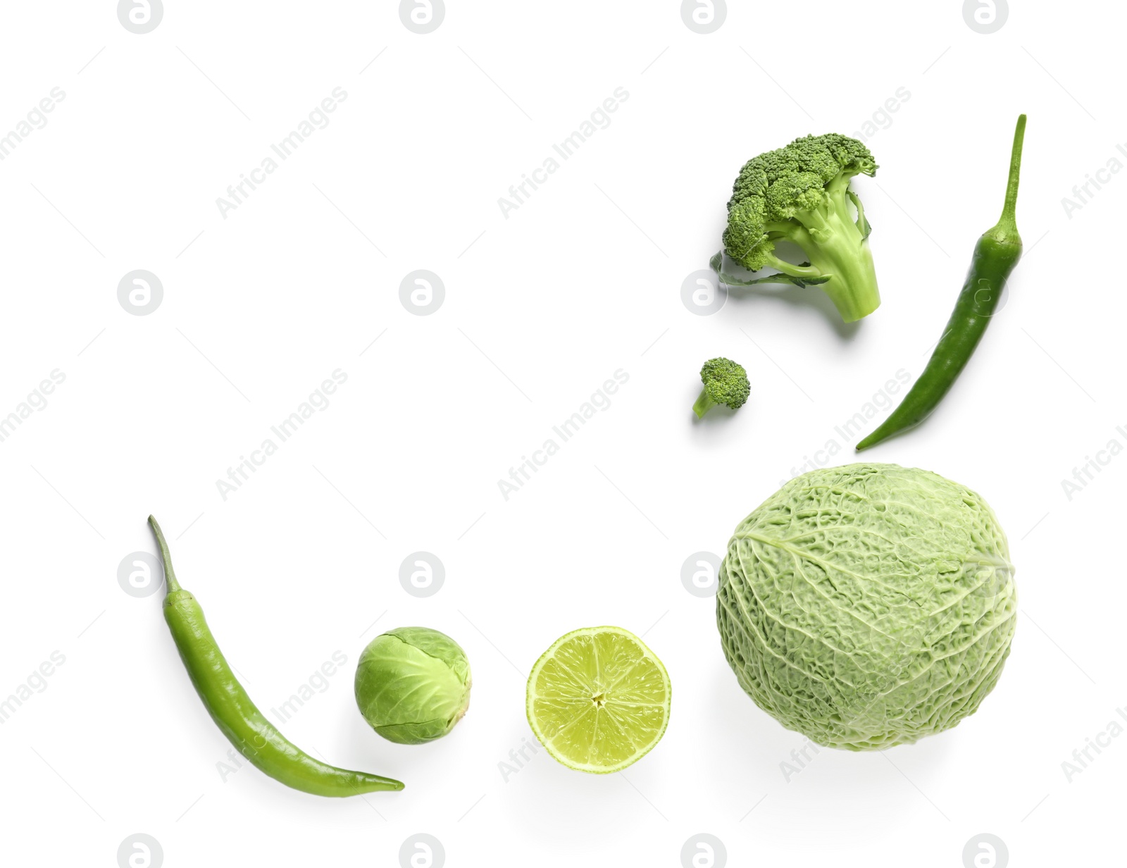 Photo of Fresh vegetables and fruit on white background, top view