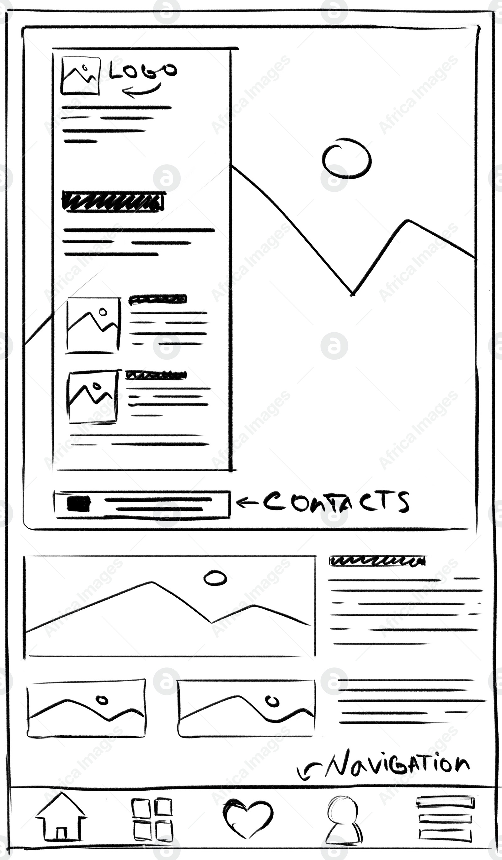 Image of Website design template, interface development. Wireframe with different elements on white background